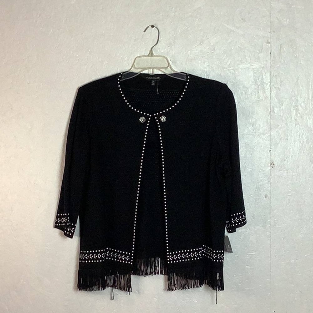 Ming Wang tweed Chanel-style blazer with fringe